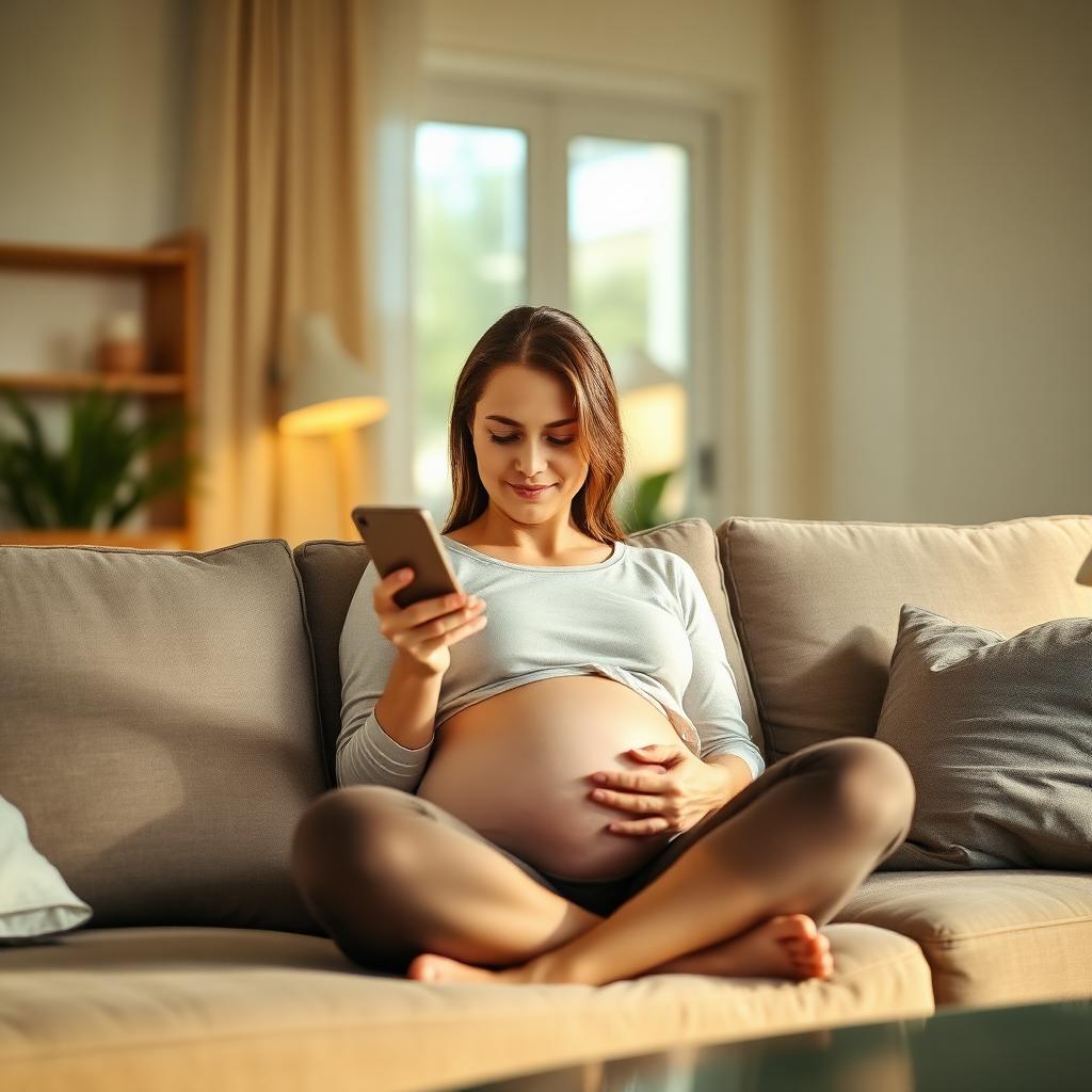 Pregnant woman resting on a sofa, checking her phone