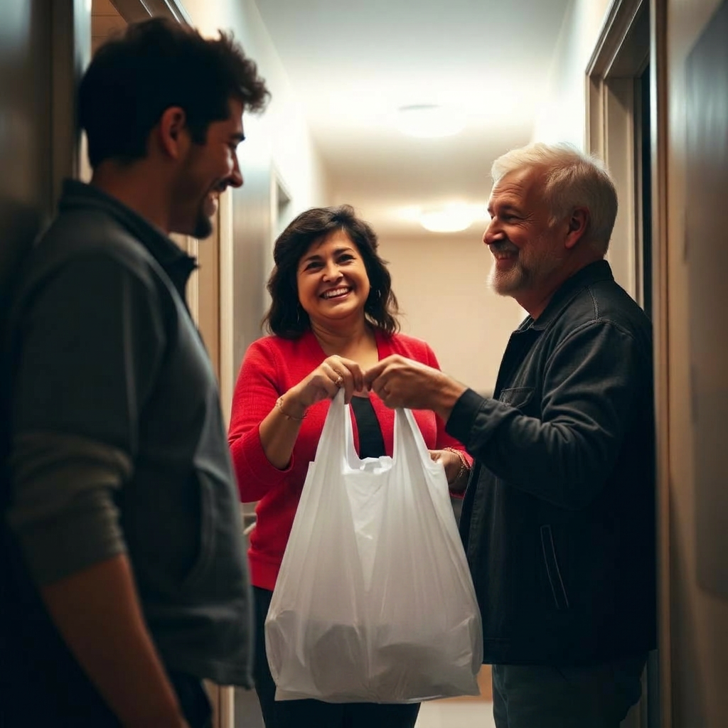 Neighbor handing a grocery bag to a resident in the hallway