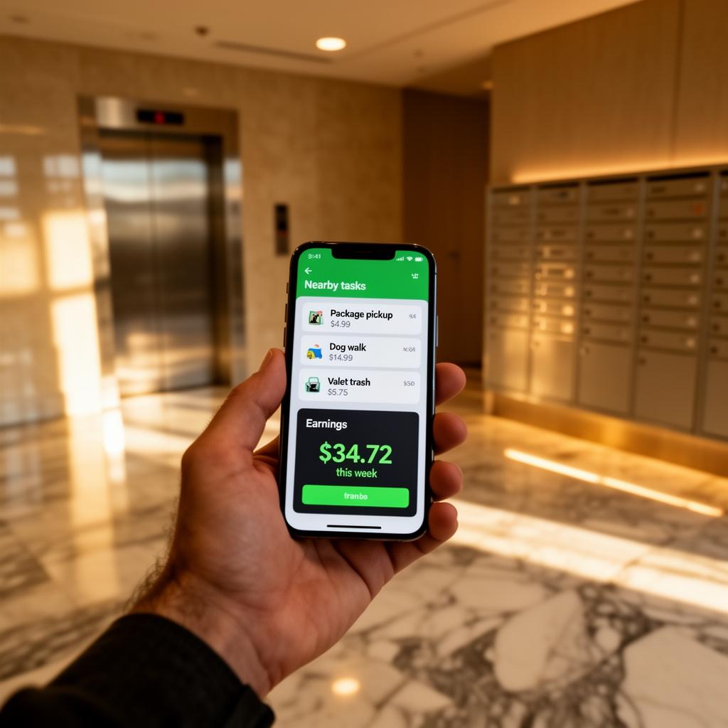 Resident browsing nearby nayboh tasks in their apartment lobby