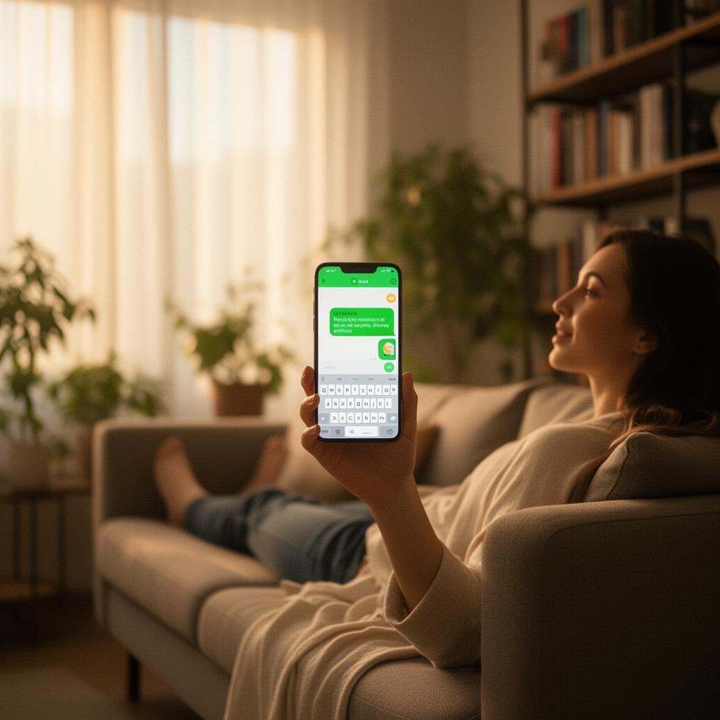 Neighbor messaging through nayboh app from her apartment couch