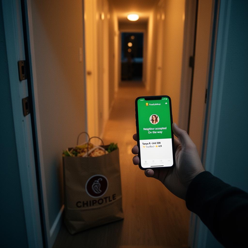 Neighbor delivering a takeout order to a door, tracked on the nayboh app