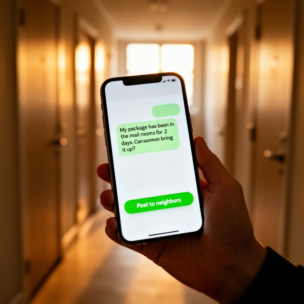 Hand holding a phone in apartment hallway posting a nayboh task request