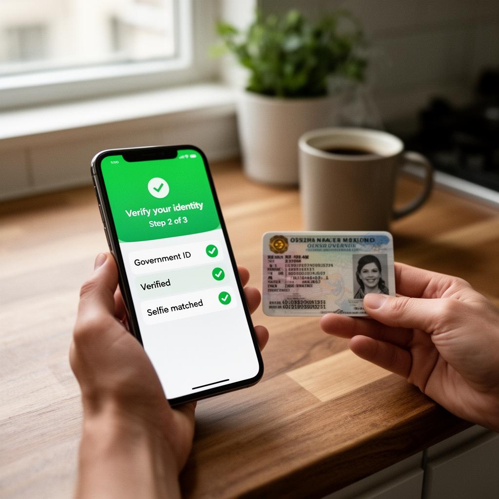 Resident verifying their ID with the nayboh app on their kitchen counter